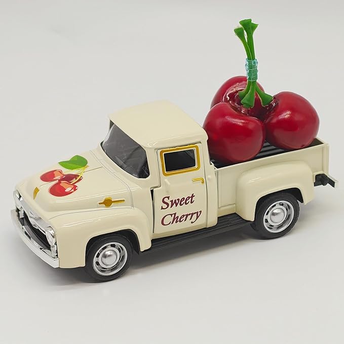 Cherry Decor – 4.9″Sweet Cherry Vintage Metal Truck with 3 Fake Cherries for Themed Party Decorations, Home Kitchen Centerpieces for Tables, Farmhouse Pickup Truck Tiered Tray Decor Gifts(White)