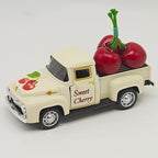Cherry Decor – 4.9″Sweet Cherry Vintage Metal Truck with 3 Fake Cherries for Themed Party Decorations, Home Kitchen Centerpieces for Tables, Farmhouse Pickup Truck Tiered Tray Decor Gifts(White)