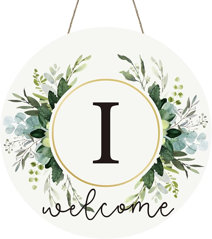 Monogram Letter I Wreaths for Front Door Wreath Wooden Welcome Sign for Front Door Decor Floral Family Last Name Initial House Warming Spring Summer Porch Rustic Wall Home Kitchen Boho Decorations