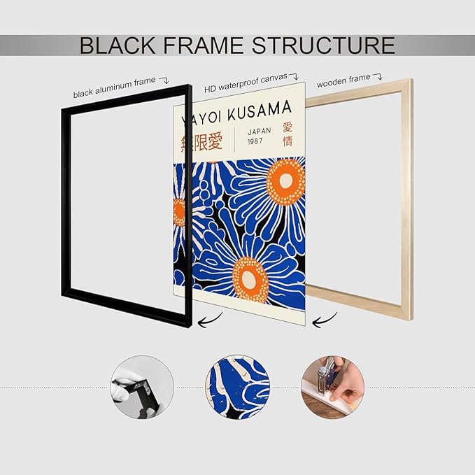 Yayoi Kusama Print Vintage Japanese Wall Art Abstract Yayoi Kusama Poster Minimalist Painting Art Exhibition Suitable for Japanese Bedroom,Living Room Office Decor 11x14in Black Framed