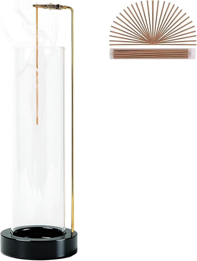 Incense Holder for Sticks, Anti-Ash Flying Incense Burner with 30 Incense Sticks, Detachable Glass Ash Catcher (Stainless Steel, Black)