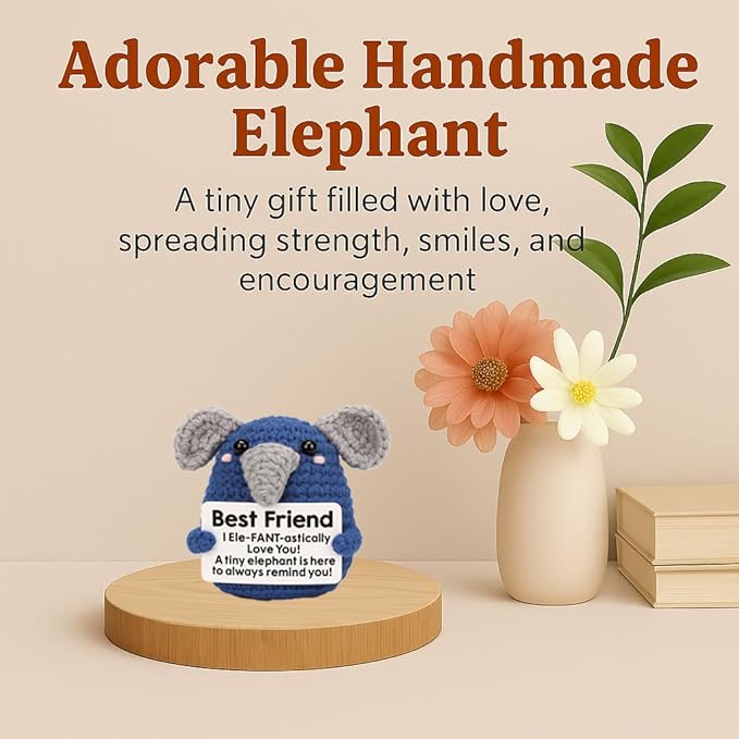 for Women Men, Handmade Crochet Elephant Doll, Cute Emotional Support Animal Gift for Friends, Inspirational Cheer Up Gift, Birthday Graduation Gift Idea
