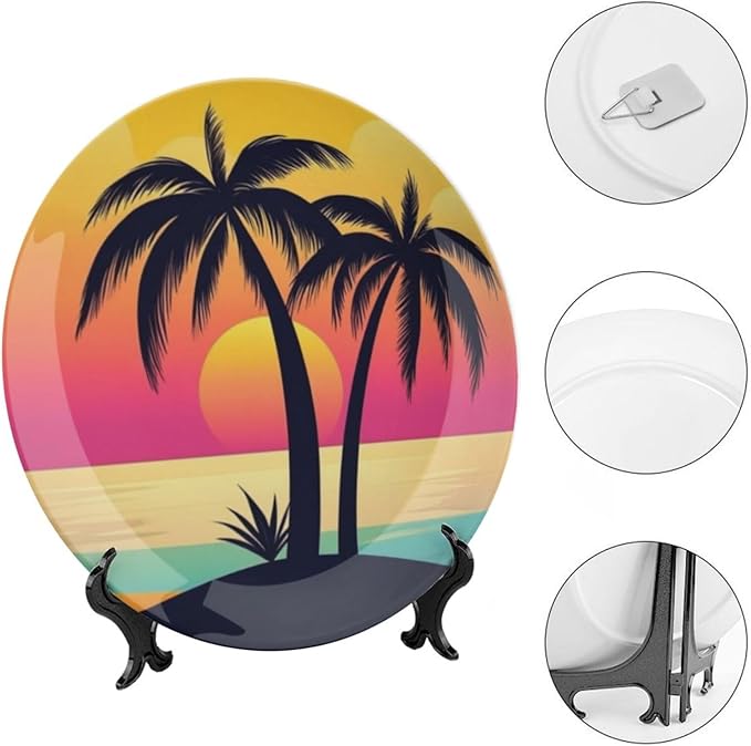 Coconut Trees Theme Decorative Ceramic Plate Round Porcelain Plate,8 inch,Sunset Pattern,for Decorative Ornaments Giving Plates,1 Plate with 1 Display Stand,Orange Pink