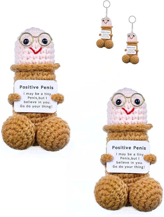 Handmade Crochet Emotional Support Plush with Inspirational Card, Funny Gifts for Friends, Family, and Coworkers, Office and Home Decoration(Brown P-2Pcs)