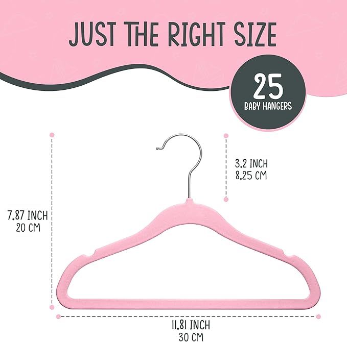 25 Premium Baby Velvet Hangers - 11.8 Inches Non-Slip & Ultra-Slim Baby Hangers for Space-Saving & Children Clothes - 360 Swivel Hook, Strong & Durable Infant & Toddler Clothes Hanger - Pink