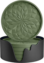 ME.FAN Silicone Coasters with Holder,[6 Pack] Drinking Coasters - Cup Mat for Hot or Cold Drinks, Thickened, Non-Slip, Non-stick,Deep Tray Olive Green