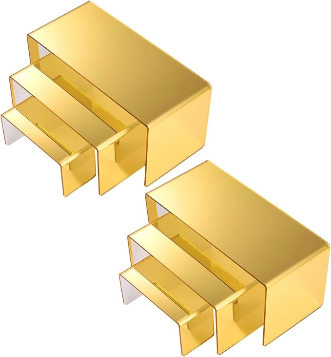 Chuangdi 2 Sets Acrylic Display Risers, Product Stand, Jewelry Display Riser Shelf Showcase Fixtures for Dessert Cupcake Candy Figure Treat Action Showcase (Gold,Large Set)