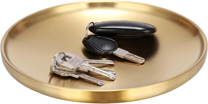 Round Key Dish for Entry Table Stainless Steel Display Tray Gold Candle Plate Jewelry Display Holder for Vanity Kitchen Coffee Counter, 7.5" x 7.5" x 1.2"