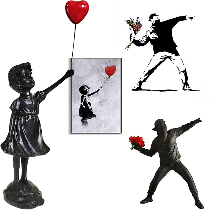 Banksy Street Graffiti Art Statue,Love Balloon Girl Statue,Room Decor Statue,Resin Statue Ornaments,Living Room Dining Desk Decorations,Bookshelf Decorative Objects,Modern Home Decor(Black)