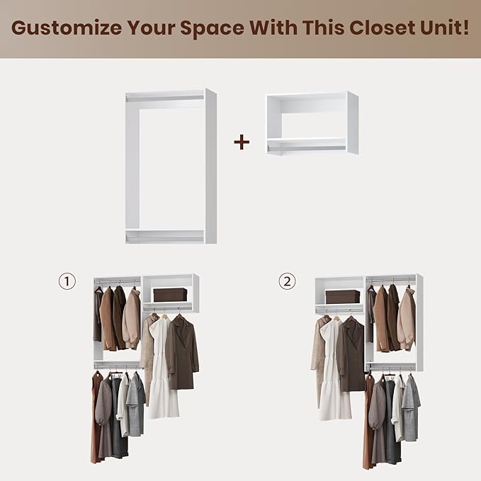 ROOMTEC Modular Closet System, 40" Wall-Mounted Closet Organizer with Hanging Rods, Wooden Tower for Walk-In Closets, Wardrobe Storage Kit, White