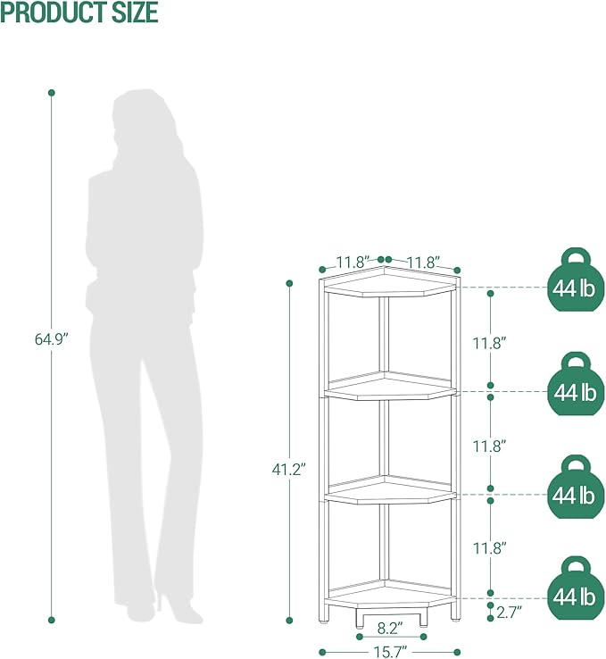 Hzuaneri Corner Shelf Stand, Corner Bookshelf, Storage Standing Shelf Unit with Metal Frame, Plant Stand, Bookcase for Living Room, Home Office, Bedroom, 4-Tier Black CS05806B