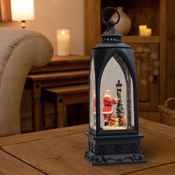 Eldnacele 12” Christmas Snow Globe Lantern Snowman with Music & Timer, USB Lined/Battery Operated Lighted Water Glittering Lantern for Christmas Festival Decoration Gifts – Santa
