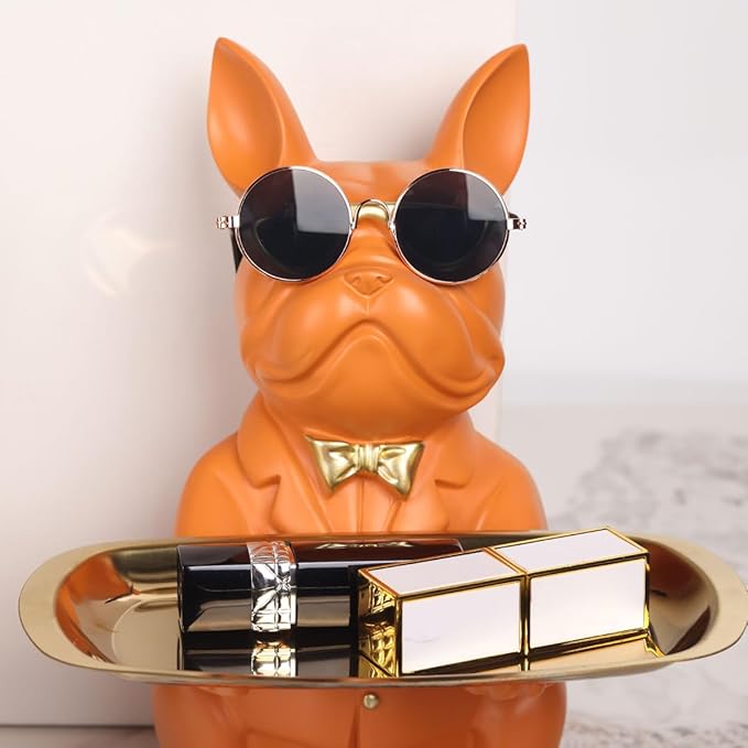 Modern Decor Resin Orange Bulldog Tray Statue Tray Storage Key Holder Candy Jewelry Earrings Tray Suitable for Home Decor Modern Art Dining Table Decor Office Small Object Tray