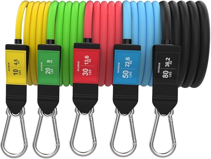 Bodylastics Stackable Resistance Bands (Handles Not Included) - 5-Band Resistance Band Pack - Patented Snap Reduction Tech Workout Bands - Malaysian Latex, Strong Nickel Coated Iron Clips 190 Lbs
