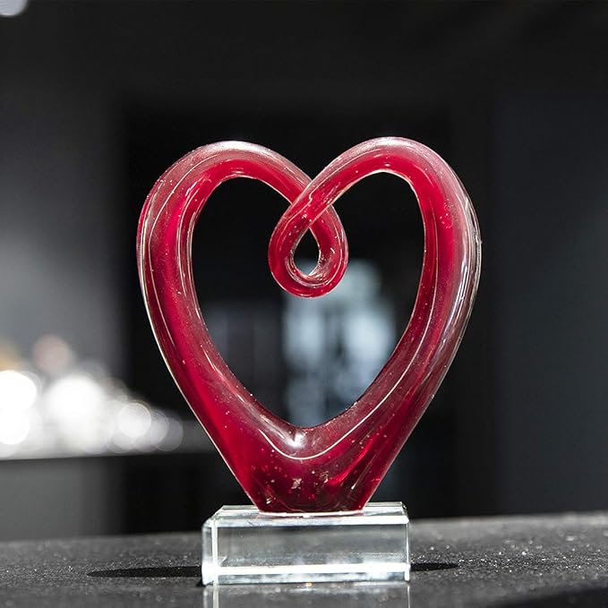 QFkris 5'' Tall Art Glass Red Heart Sculpture Centerpiece Party Home Decoration Glass Art Style Red Abstract Table Decor