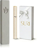 SURI Mezuzah for Door – 4 Inch Light Gray Concrete Mezuzah Case with Printed Scroll, Judaica Entry Design, Fits a 3 Inch Mezuza Scroll, Gift Box Included