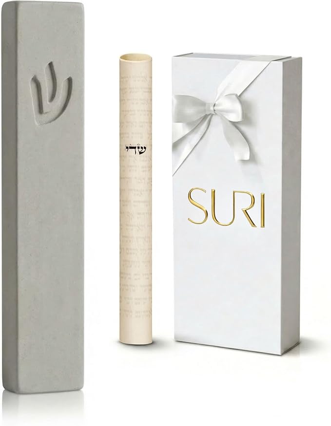 SURI Mezuzah for Door – 4 Inch Light Gray Concrete Mezuzah Case with Printed Scroll, Judaica Entry Design, Fits a 3 Inch Mezuza Scroll, Gift Box Included
