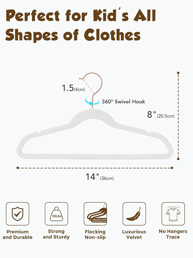 Smartor Kids Velvet Hangers 50 Pack, 14 Inch Premium Non Slip Kids Felt Hangers for Closet, Space Saving Toddler Clothes Hanger for Youth's Childrens' Clothes (Rose Gold Hook)- White