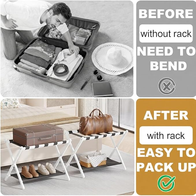 2 Pack Bamboo Luggage Rack for Guest Room, 26.77" Folding Wide Suitcase Stand with Fabric Storage Shelf, Thickened Luggage Stand Holder for Bedroom Hotel, Luggage Rack for Suitcases (2 Pack - White)