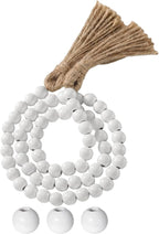 Equsion Seasonal Wooden Bead Garland with Tassels, 3.3 ft Holiday Vintage Boho Bead Garland Easter Tray Decoration, Vase Wall Room Art Birthday Party Decoration(White)