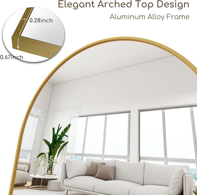 Dewfig Arched Full Length Mirror,64"x20" Gold Mirror with Stand, Full Body Mirrors for Leaning Against or Wall Mounted, Large Floor Mirrors for Bedroom, Living Room, Gold