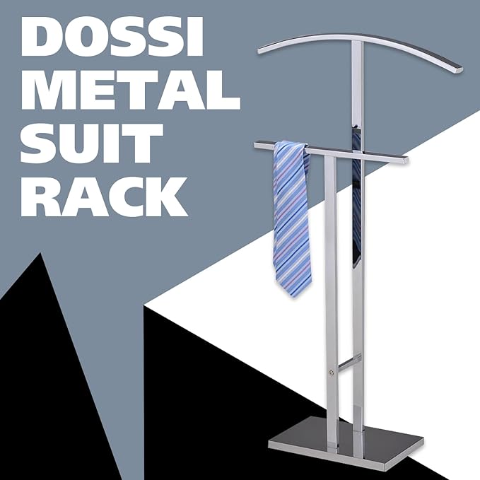 Kings Brand Furniture Dossi Modern Metal Suit Valet Stand, Clothes Rack Organizer with Jacket, Pants & Tie Holder, Space-Saving Garment Rack for Bedroom or Closet (Chrome)