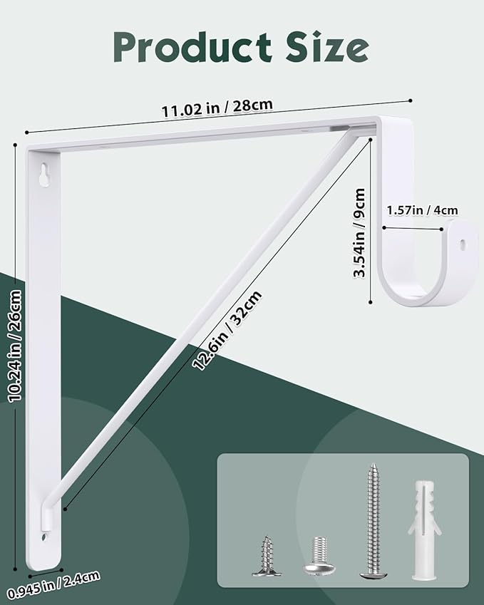 2 Pack Closet Rod Bracket, Heavy Duty Closet Rod Support with Rod Holder, Wall Mounted Closet Shelf Brackets with Triangle Stabilizing Design for Closet, Bathroom and Kitchen, White