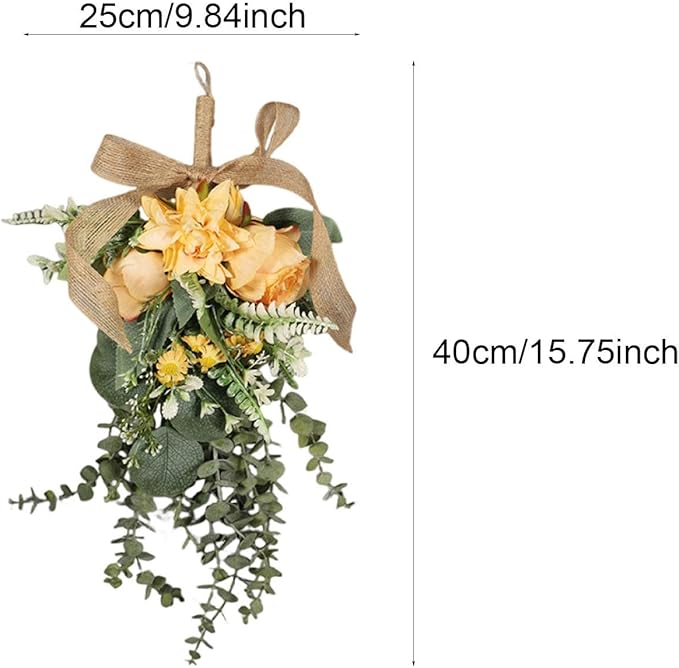 predolo Artificial Floral Teardrop Swag Silk Flower Garland Decorative Ornament Hanging Reusable Front Door Decoration Suitable for Home Decoration Gift, Orange