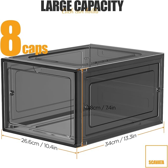 Hat Organizer Box, Stackable Clear Baseball Caps Holder Box Containers with Magnetic Door for Hats Snapback Cap Storag, Hat Rack Display Case, Holds 8 Hats Each (Black, 2 Pack)