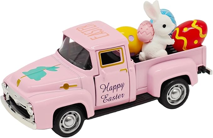 Pink Easter Decorations - Mini Farmhouse Vintage Metal Truck with Easter Eggs & Bunny, Pink Spring Farm-Style Pickup Decor for Table Tiered Tray Home Kitchen Office Keepsake Gifts