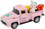 Pink Easter Decorations - Mini Farmhouse Vintage Metal Truck with Easter Eggs & Bunny, Pink Spring Farm-Style Pickup Decor for Table Tiered Tray Home Kitchen Office Keepsake Gifts