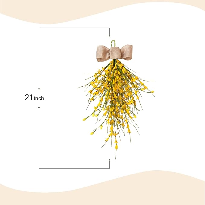 Forsythia Spring Teardrop Swag, 2Pcs Artificial Spring Summer Floral Hanging Swags with Bow for Door Wall Mantel Window Wedding Home Decor (Yellow)