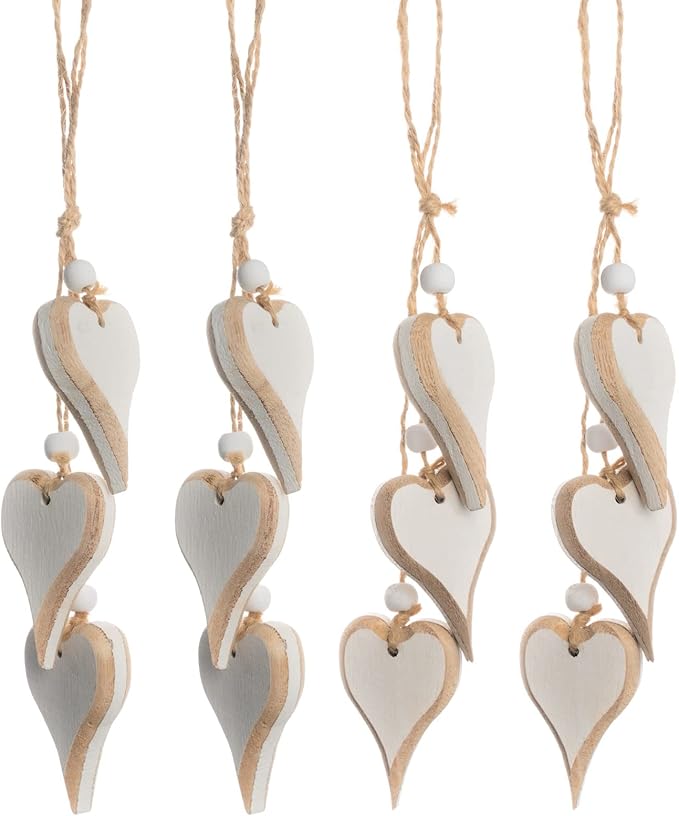 Sun&Beam Heart-Shaped Wooden Decorative 4Pcs Hanging Handmade Hearts Ornaments for Wedding Party Valentine Christmas Home Decoration Car Décor (#2, 4Pcs)