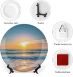 Sunrise Theme Decorative Ceramic Plate Round Porcelain Plate,7 inch,Beach Pattern,for Decorative Ornaments Giving Plates,1 Plate with 1 Display Stand,Gold Blue