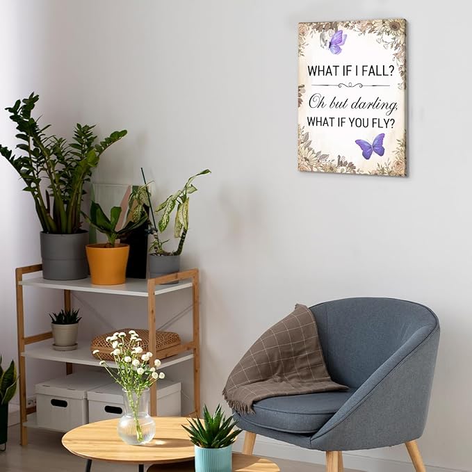 Inspirational Purple Butterfly Wall Art Decor, What If You Fly Motivational Quote Canvas Painting Artwork Picture Posters for Teens Room Bedroom Office (11.5 X 15 Inches, Framed)