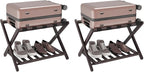 Smuxee Fully Assembled Brown Luggage Racks Pack of 2, Upgraded Bamboo Foldable Suitcase Stand with 5 Nylon Straps, Luggage Holder with Shelf for Guest Room Bedroom Hotel