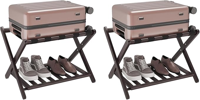 Smuxee Fully Assembled Brown Luggage Racks Pack of 2, Upgraded Bamboo Foldable Suitcase Stand with 5 Nylon Straps, Luggage Holder with Shelf for Guest Room Bedroom Hotel