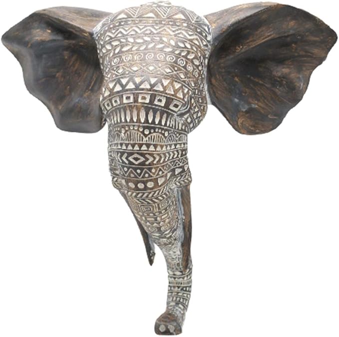 OTARTU African Elephant Wall Bust Sculpture 11" Tall Carved Noble Elephant Head Hanging Wall Decor Art Wooden Color