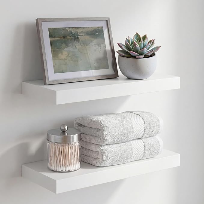 Homeforia White Floating Shelves 16 inch, High End Solid Real Wood 16inch Bathroom Floating Shelf for Wall Mounted, White Wooden 16 Floating Shelves, Heavy Duty Bracket, 16 X 6.5 X 1.75 inch, Set of 4
