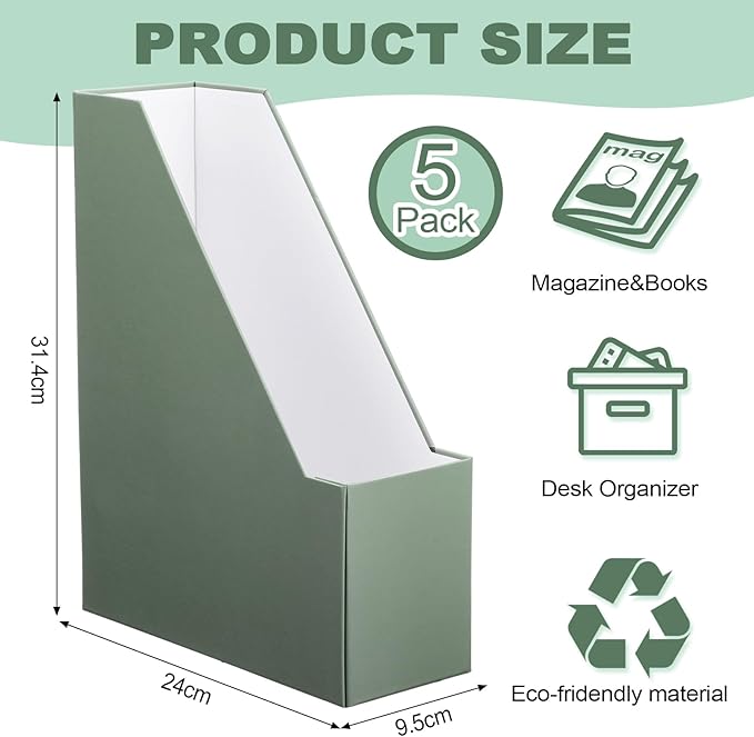 AmazingSpark 5 Pack Magazine File Holder Office Desk Storage Holder Set Vertical Desk Cardboard Organizer for Office Home Classroom Organize Your File Magazines Paperwork Books or Binders(Sage Green)