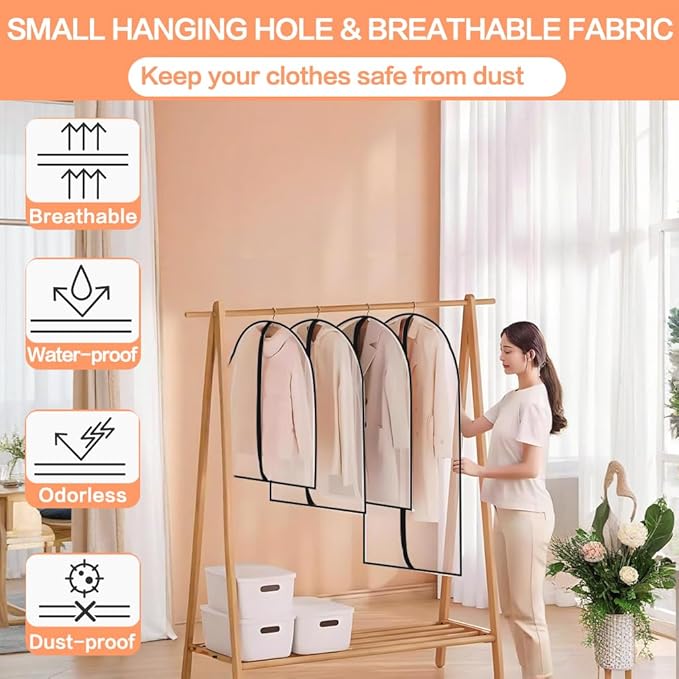 Clear Garment Bags (24'' x 48'' Set of 6) Clothes Covers for Closet Storage Closet Cover for Open Closet Hanging Clothes Travel Bag Clothes Bags with Zipper Gown Garment Bag for Long Dresses