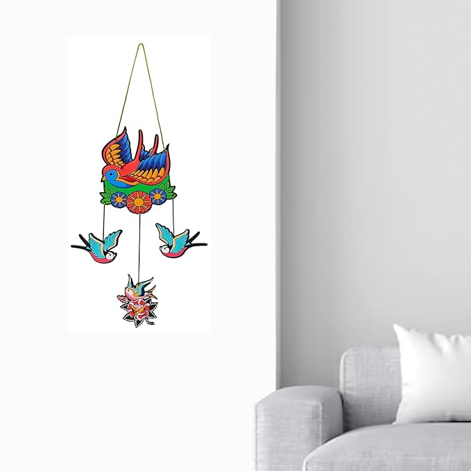 Decorative Bird Mobile Wall Hanging, Colorful Swallow Design with Flowers, Traditional Tattoo Style Art Evil Eye (Bird_Hanging_D_1)