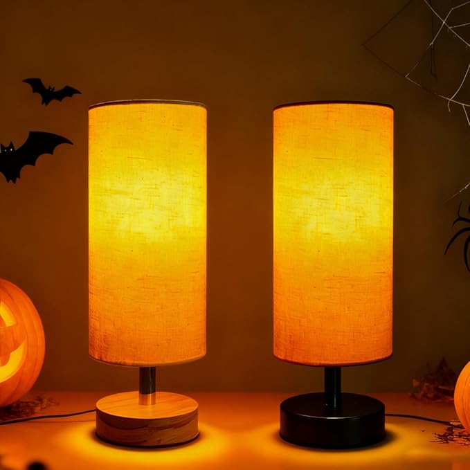 Bedside Table Lamps, Table Lamp for Bedroom, Lamps for Night Stands with Linen Lampshades, Small Table Lamp for Living Room, Office (Bulb Excluded) (Wood)