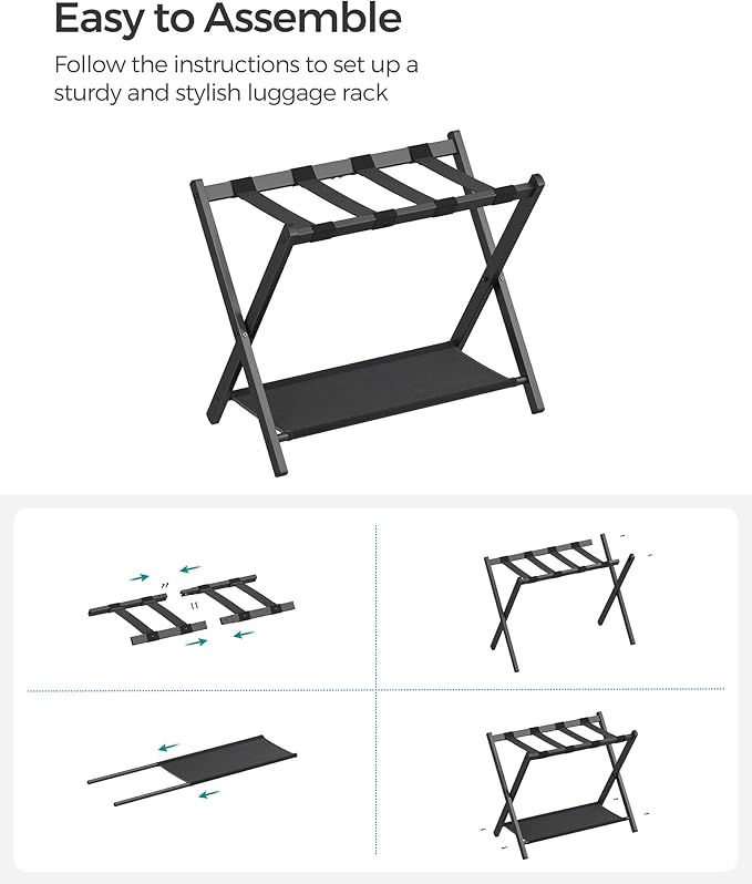 SONGMICS Luggage Racks for Guest Room, Set of 2, Suitcase Stand with Storage Shelf, Steel Frame, Foldable for Easy Storage, Hotel, Bedroom, Black URLR003B02