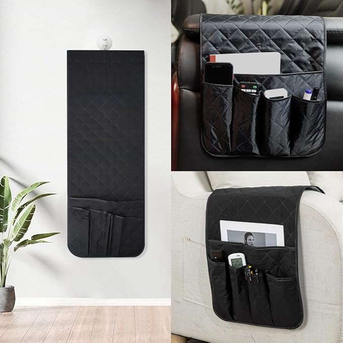 RETON Sofa Armrest Organizer with 5 Pockets, Non Slip Remote Control Caddy with 8 Pieces of Hook and Loop Fasteners, Armchair Caddy Holder Storage for Magazine Recliner Book TV Phone (Black)
