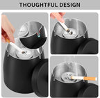Outdoor Ashtray with Lid, Ashtrays for Cigarettes Outdoor, Ash Tray Sets for Cigarettes for Patio, Stainless Steel Windproof Ashtrays Covered Metal, Black Ashtray, Small