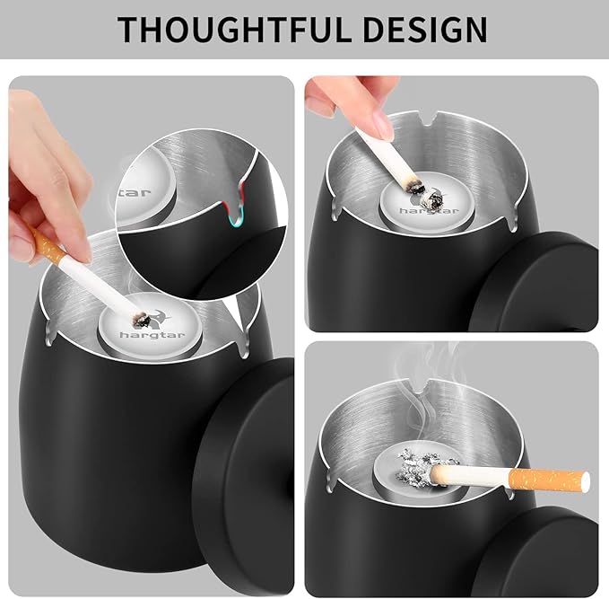 Outdoor Ashtrays for Patio with Lid, Outdoor Ash Tray Sets for Cigarettes, Stainless Steel Windproof Ashtrays Large Covered Outside Odorless Iron Metal Indoor Tabletop, Black, Medium