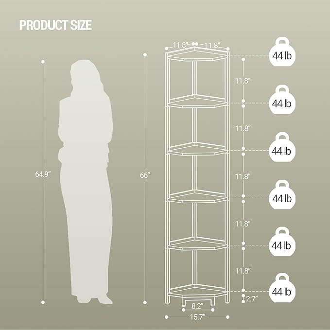 Hzuaneri Corner Shelf Stand, Corner Bookshelf, Storage Standing Shelf Unit with Metal Frame, Plant Stand, Bookcase for Living Room, Home Office, Bedroom, 6-Tier White CS06013W