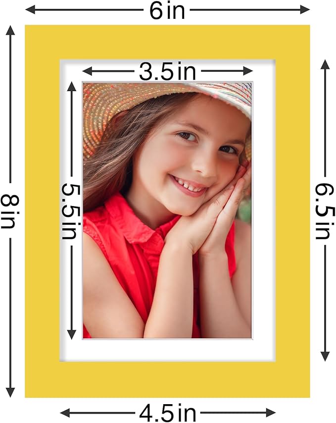 Vittanly 5x7 Picture Frames Set of 9, Shatter Resistant Plexiglass, Display 4x6 Pictures with Mat or 5x7 without Mat, Photo Frames for Wall or Tabletop, Engineered Wood, Yellow