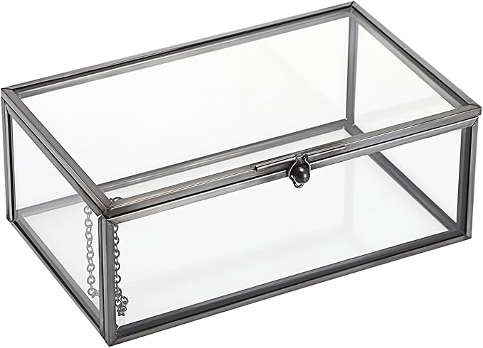 Hipiwe Vintage Glass Keepsake Box - Rectangle Jewelry Display Organizer with Lidded Box for Home Decor and Storage of Trinket Rings, Bracelet - Black, Small